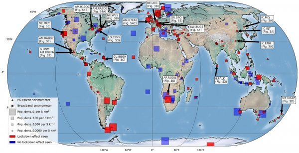 Lokacije seizmoloških stanica s korisnim podacima. Učinak zaključavanja uočen je na 185 od 268 stanica